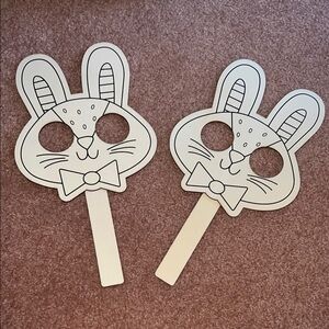 NWT 2pc DIY Rabbit hand held wooden face mask